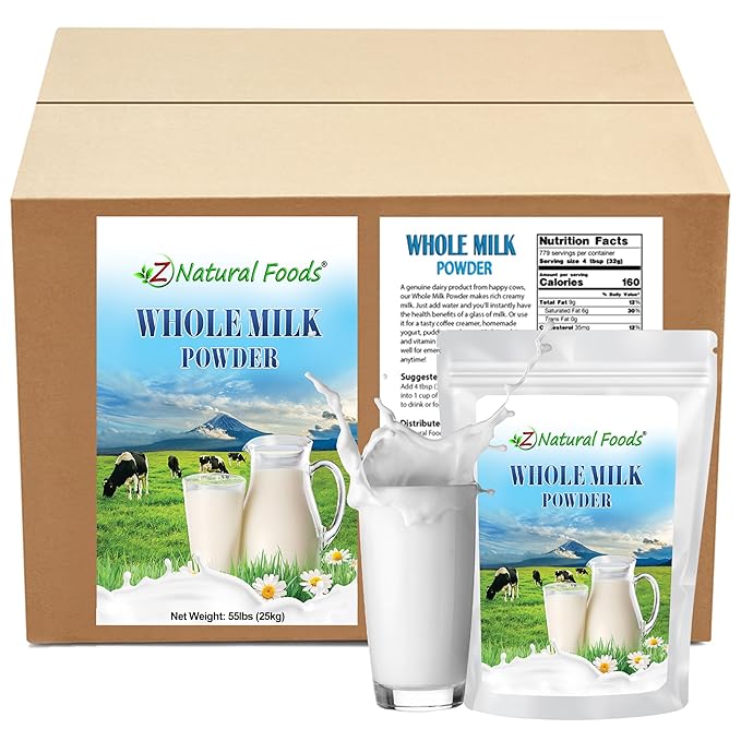 Z Natural Foods Premium Whole Milk Powder - Powdered Milk for Baking, Cooking, Drinks - Dry Milk Powder, Pasteurized, Non-GMO, Gluten-Free, Kosher-Certified, 55 lbs