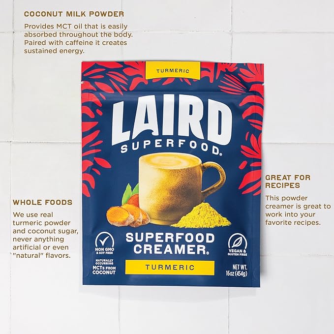 Laird Superfood Non-Dairy Original Superfood Turmeric Coconut Powder Coffee Creamer, Gluten Free, Non-GMO, Vegan, 8 oz. Bag, Pack of 1