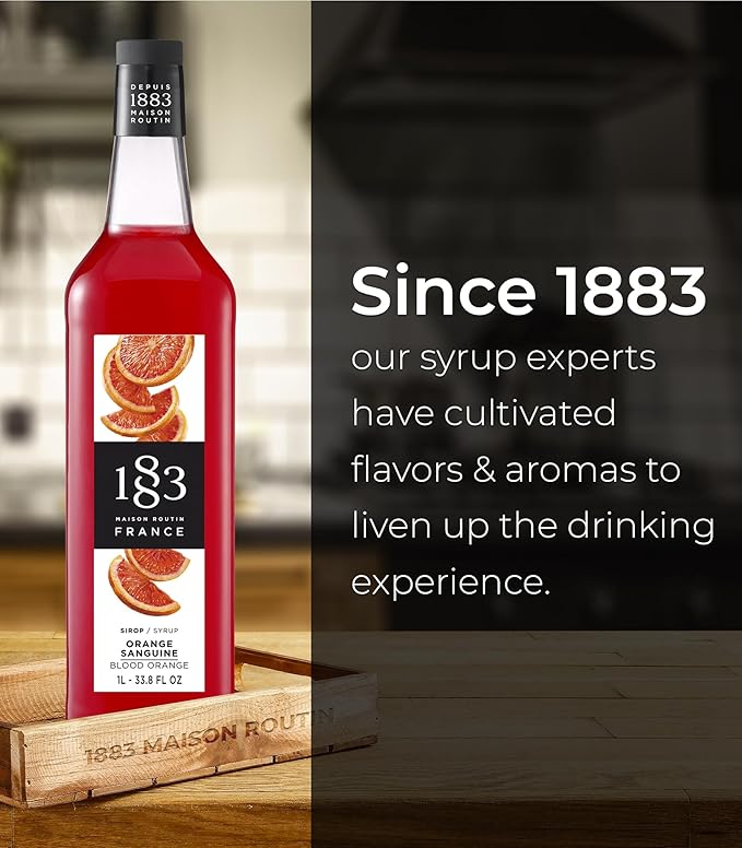 1883 Blood Orange Syrup for Drinks, Made in France, 1 Liter Glass Bottle