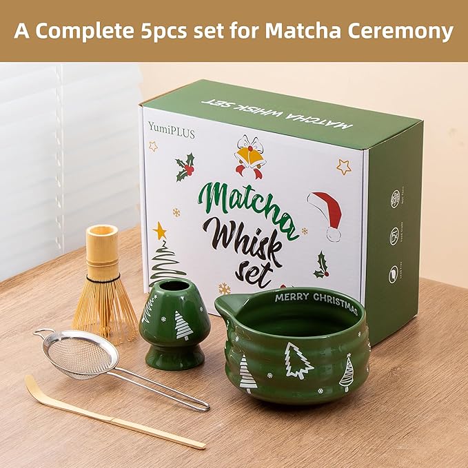 5pcs Premium Matcha Set,Ceramic Bowl with Spout and Bamboo Whisk set, Ceremonical Matcha Kit for breakfast/latte,Tea Starter Making Kit,Christmas Matcha Gift set (Christmas Tree)
