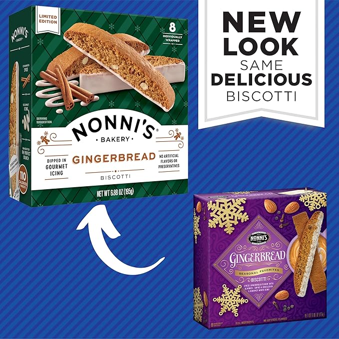 Nonni's Gingerbread Biscotti Holiday Cookies - 6 Boxes Gingerbread Cookies - Gingerbread Christmas Cookies w/Almonds & White Icing - Biscotti Individually Wrapped Cookies - Italian Cookies - 6.88 oz