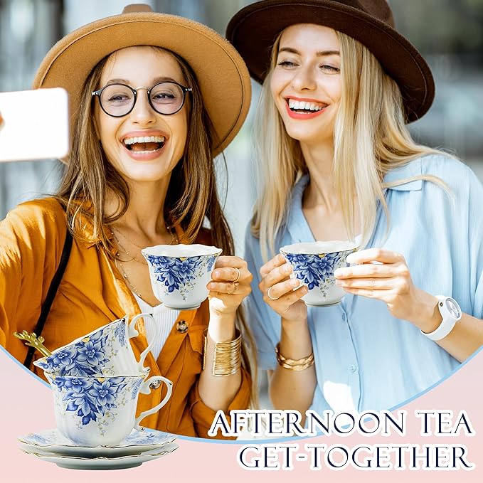 TATSUMI Country Roses Bone China Tea Cup and Saucer Set, 6 Pieces, Vintage Style, For Women and Tea Parties(Rose Blue,2 Sets)