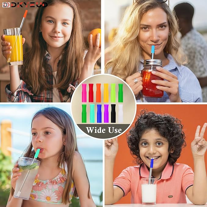 24PCS Food-Grade 12 Colors Metal Straws Reusable Silicone Tips,Silicone Base Sleeve,Only Fit Diameter 0.32In- 8mm Stainless Steel Straws,BPA Free, Eco-Friendly