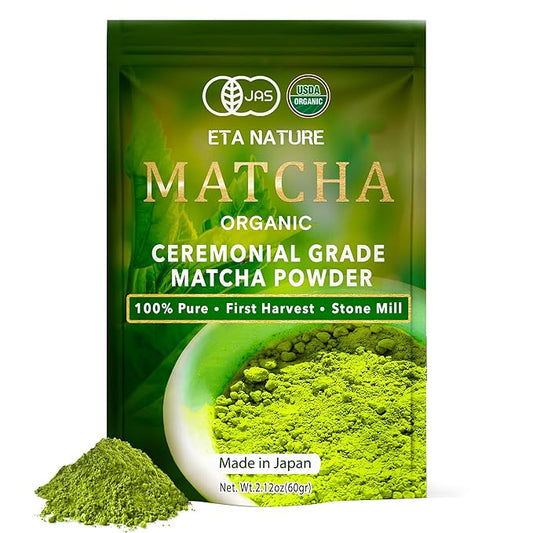 ETANATURE Premium Ceremonial Grade Matcha Powder - Matcha Green Tea Powder for Metabolism, Brain and Sleep - JAS Certified Matcha Grade from Japan Kagoshima Farms 60 Servings - Ceremonial Tea 60g