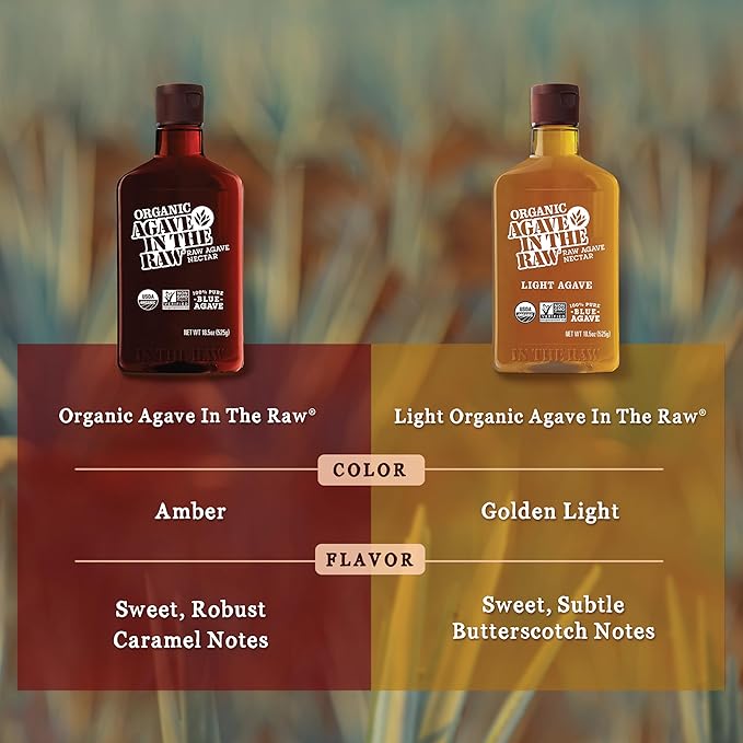 In the Raw Organic Blue Agave Syrup Bundle – Amber + Light Agave Nectar, Low-Glycemic Sweetener, Maple Syrup and Honey Alternatives, 18.5 Oz Ea