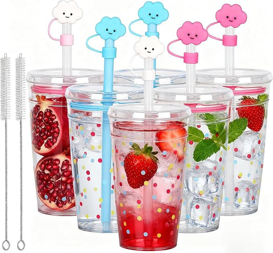 Clear Tumbler Cup, 16 oz Plastic Iced Coffee Cup with Lid and Straw, 6 Pack, Reusable and Dishwasher-Safe, for Gatherings and Outdoor Adventures (6, Dots)