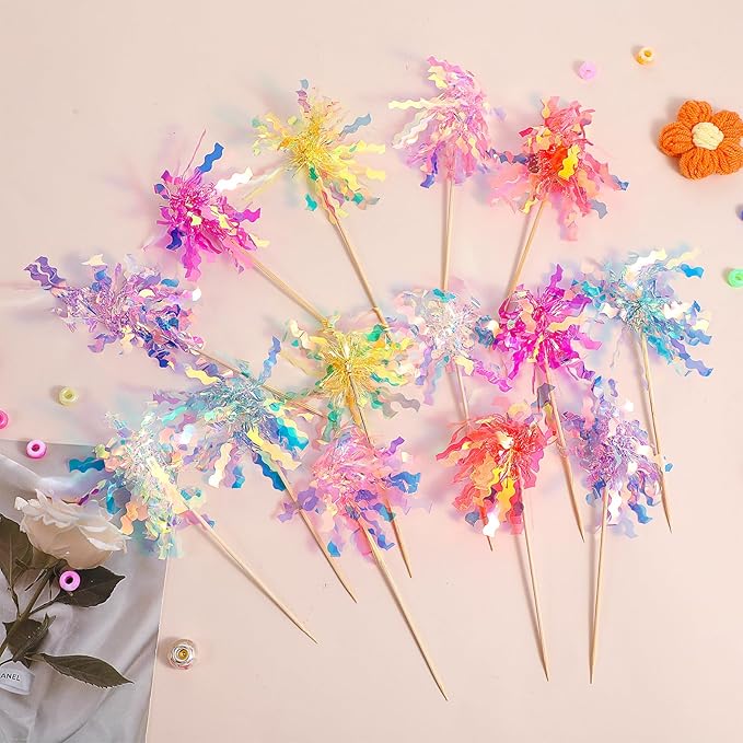 14Pcs Foil Firework Cupcake Toppers, Sparkle Tinsel Cake Toppers, Tinsel Drink Cake Decoration, Cocktail Food Fruit Toothpick for Cake Decoration Party Supplies