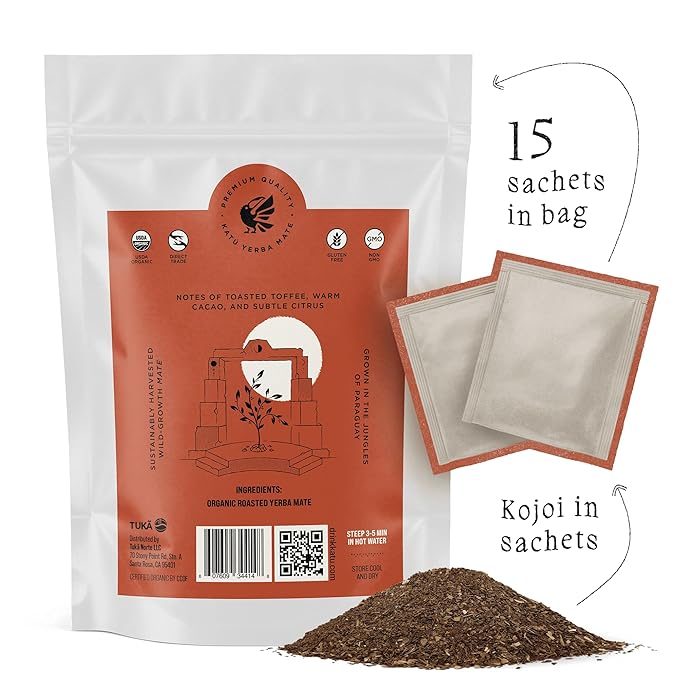 Katú Kojoi Tea Bags - Premium USDA Organic Yerba Mate Tea, Slow Roasted, Unsmoked, Air Dried, Loose-Leaf, Aged, Natural Energy - 15 Count