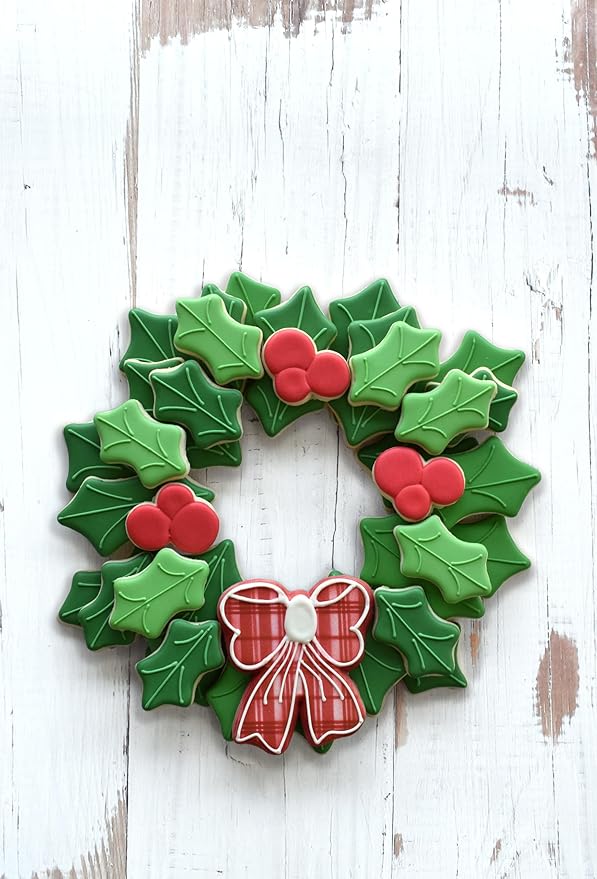 R&M International 2030 Christmas Holiday Wreath Centerpiece Cookie Cutters, Holly Leaves, Berries, Holiday Bow, 4-Piece Set