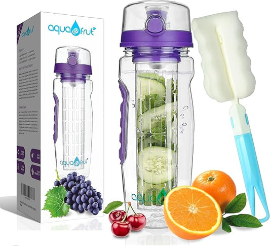 AquaFrut 32 OZ Fruit Infuser Water Bottle BPA-Free Fruit Infusion Sports Bottle - Flip Top Lid w Drinking Spout, Leak Proof, Made of Durable Tritan. Free Recipe eBook! (Purple)