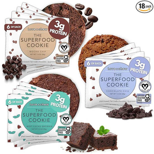 Love + Chew Superfood Soft Baked MINI Cookies, Chocolate Lover Variety, Plant Based Cookie Made With Almonds and Dark Chocolate for Kids and Adults, Vegan Snacks, Gluten Free, Paleo, Non GMO, 18 Pack