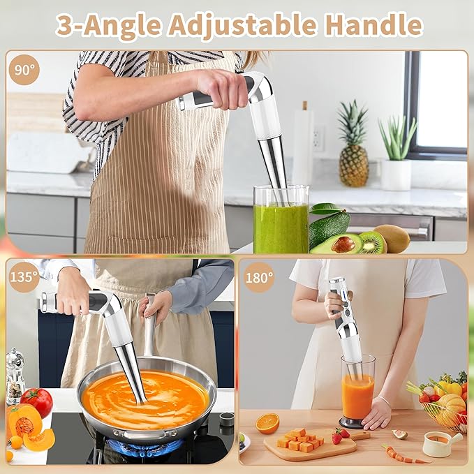 Cordless Immersion Blender Handheld: Powerful Rechargeable Electric Hand Blender, 21-Speed & 3-Angle Adjustable with Stainless Steel Blades for Milkshakes, Smoothies, Soup, Puree, Baby Food (White)