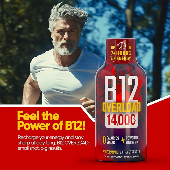 B12 Overload Extra Strength Energy Shot – Pomegranate – 260mg Caffeine, 14000% B12, Electrolytes – Energy & Vitality Support – Zero Sugar No Calories – Vegan, Kosher, Gluten-Free – 1.93 fl oz, 48-Pack