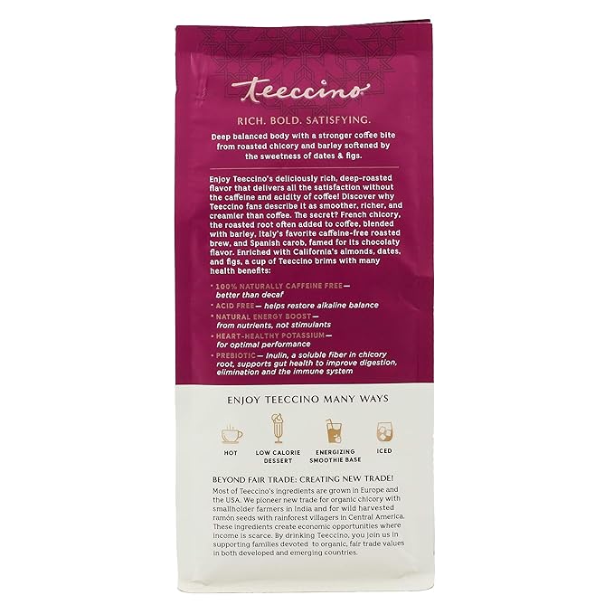 Teeccino Java Chicory Coffee Alternative - Ground Herbal Coffee That’s Prebiotic, Caffeine Free & Acid Free, Medium Roast, 11 Ounce (Pack of 6)