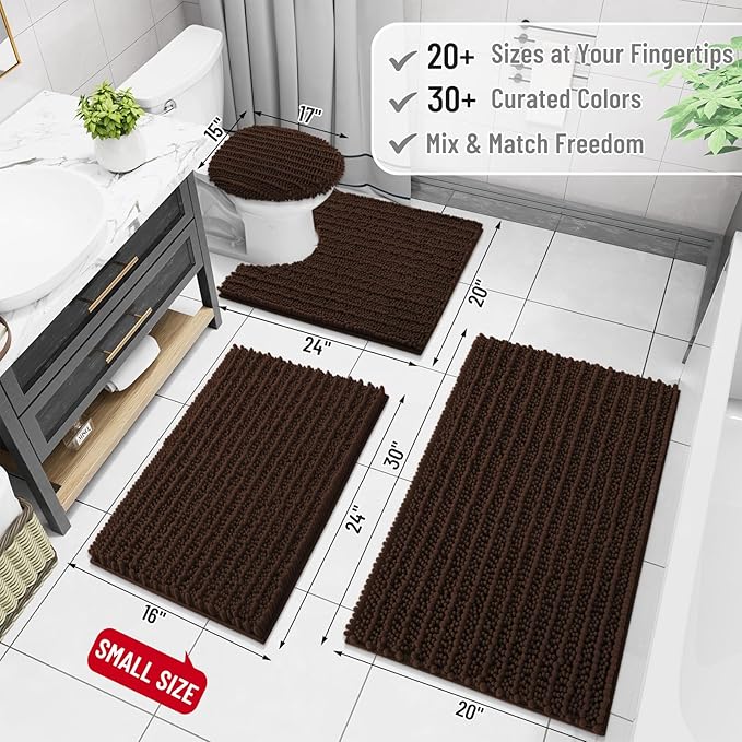 Arotive Luxury Chenille Bathroom Rug Mat, Extra Soft Thick Absorbent Shaggy Bath Rugs, Non-Slip Machine Wash Dry, Plush Bath Mats for Bathroom, Shower and Tub, 59x35, Brown