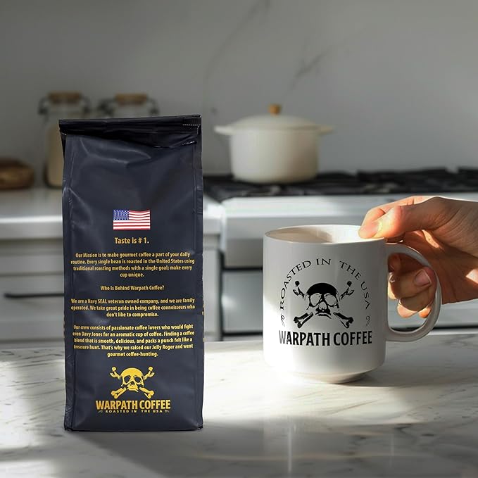 Warpath Coffee Light Roast Ground Coffee, Dark Chocolate Blend, High Caffeine, Extra Strong Roasted 100% Arabica Coffee Ground Beans, Rich Aroma, Full Bodied Intense Cup, Created by Navy SEALs, 12oz