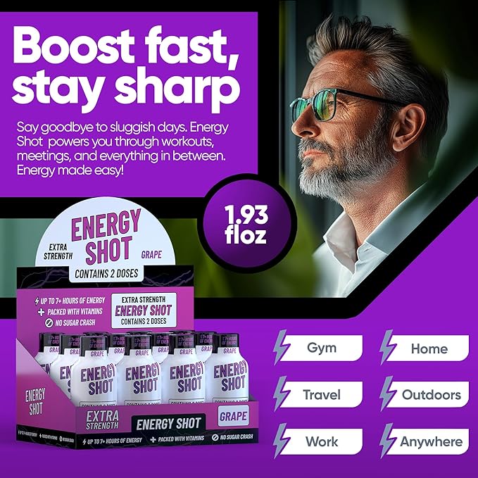 Grape Extra Strength Energy Shot 12 pk – 260mg Natural Caffeine B12 B6 – Energy & Focus Support – 2 Servings Sugar Free Zero Calorie Green Tea B-Vitamins Electrolytes Vegan – 1.93 fl oz