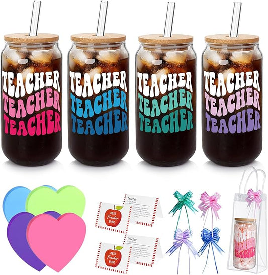 Teacher Appreciation Gifts - 4Pack End of Year Teacher Gifts for Women Men, 18oz Teachers Glass Cup with Bamboo Lid and Straw Glass Coffee Cups Unique Thank You Teachers Tumbler Mug Gift from Students