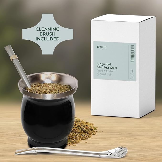 Norte Yerba Mate Cup Kit, 8-Ounces Traditional Mate Tea Cup/Gourd Set | Includes 2 Bombillas (Yerba Mate Straw) & Cleaning Brush, Stainless Steel Cup, Double-Walled, Easy to Clean | Black