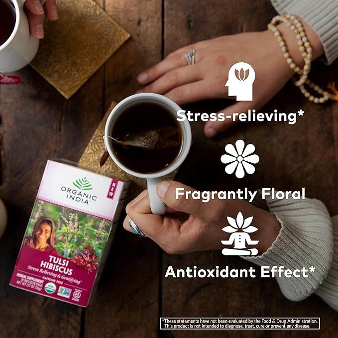 ORGANIC INDIA Tulsi Hibiscus Tea Bags - Holy Basil Herbal Tea, Stress Relieving, Calming, Immune Support, USDA Organic, Caffeine Free -18 Bags, 3 Pack