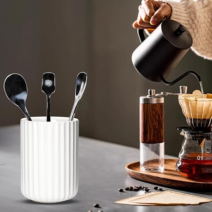 Ceramic Spoon Holder for Coffee Bar, Upright Tea Spoon Holder Cup, Coffee Stirrers Straws Stir Stick Holder, Black Fluted Surface