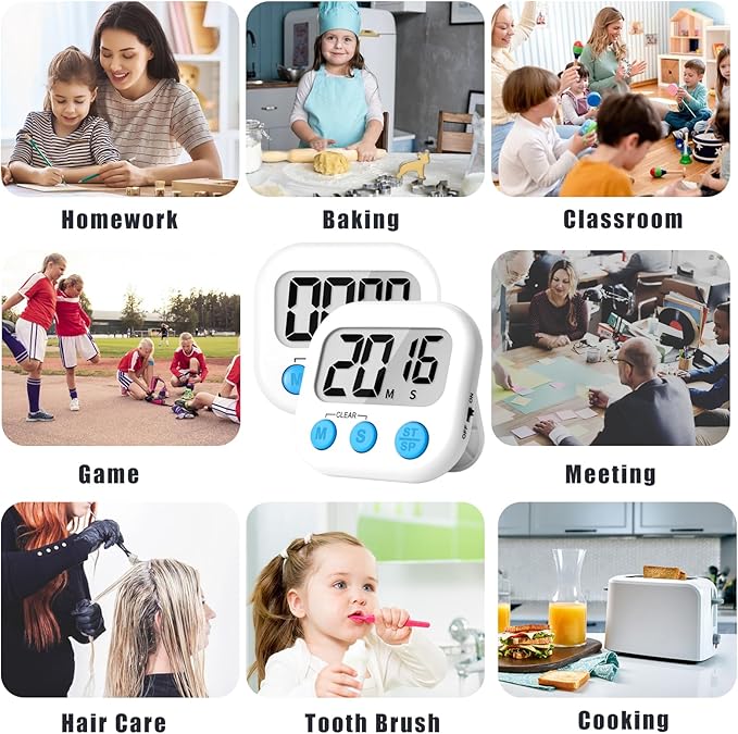 ZILLEEN Kitchen Timer Digital with Magnetic Back for Kids Classroom, White 6 Pack