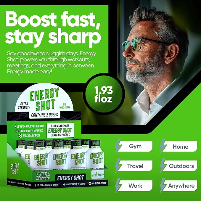 B12 Mixed Berry Extra Strength Energy Shot 12 pk – 260mg Natural Caffeine B12 B6 – Energy & Vitality Support – 2 Servings Sugar Free Zero Calorie Green Tea B-Vitamins Electrolytes Vegan – 1.93 fl oz