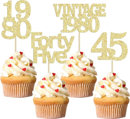 Gyufise 24Pcs 45th Birthday Cupcake Toppers Glitter Cheers to 45 Fabulous Forty Five Vintage 1980 Cupcake Picks 45th Birthday Wedding Anniversary Party Cake Decorations Supplies Gold