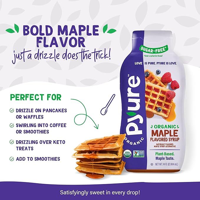 Pyure Organic Maple Flavored Syrup | Sugar-Free Maple Syrup for Pancakes, Waffles, Keto Desserts | 2g Net Carbs, Gluten-Free, Vegan, Plant-Based, Non-GMO, Diabetic Friendly | 14 oz Bottle