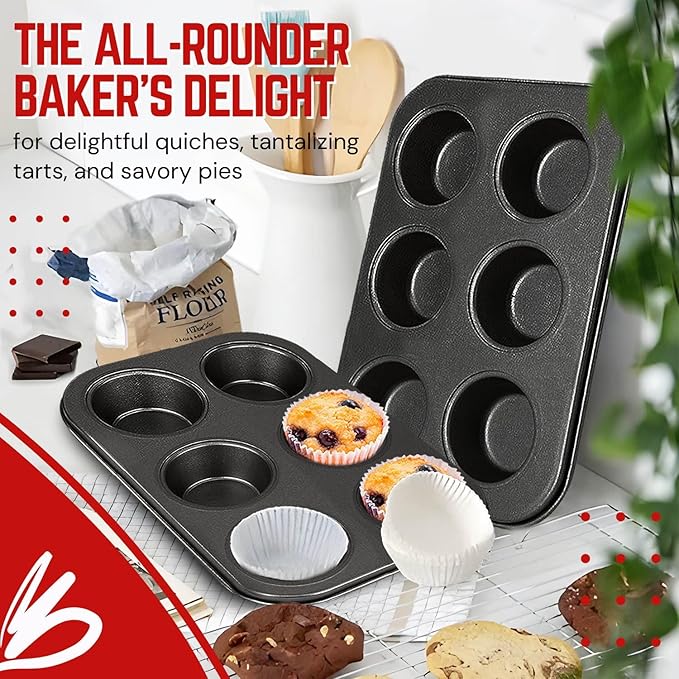 Flexzion Muffin Tray Cupcake Baking Pan 2 Pack, 6-Cup Nonstick Carbon Steel Muffin Tins Non-Stick Cupcake Tin Bakeware Accessories for Baking Cupcakes Muffin Brownies Snacks, Easy Clean, Fridge Safe