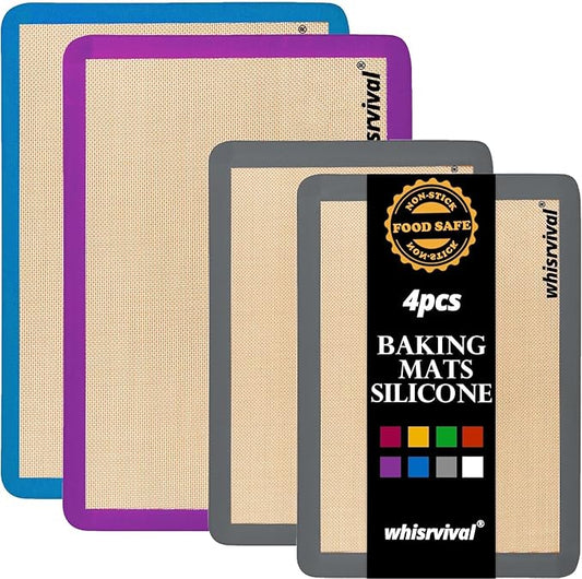 4 Pack Silicone Baking Mat, Non-Stick Silicone Baking Sheet, Food Safe Silicone Mats for Baking, 480℉ Heat Resistant, 2 Half & 2 Quarter (Purple, Blue, Grey)