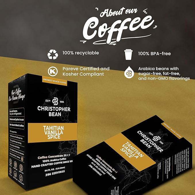 Christopher Bean Coffee - 396 servings, 30 to 1 Blend Bag in Box Liquid Instant Coffee or Cold Brew Coffee Concentrate - Hot or Iced Coffee - Tahitian Vanilla Spice