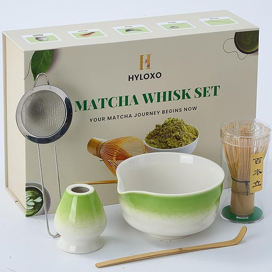 Matcha Whisk Set - 5 Pcs Matcha Kit with Bowl, Japanese Matcha Set, Matcha Bowl with Spout, Matcha Whisk, Chasen Holder, Sifter and Bamboo Scoop, Tea Gift Ceremony Sets for Matcha Lovers