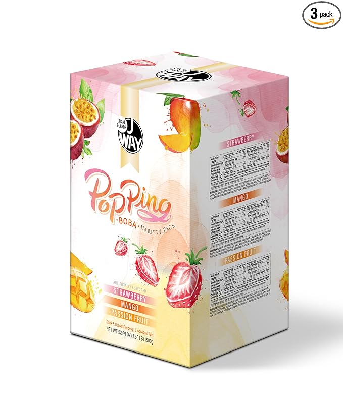 J WAY Bursting Popping Boba Bubble Pearl Variety Set with 3 Flavors Strawberry, Mango, Passion Fruit - Gift Box (3.3 lbs)