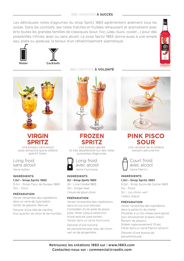 1883 Spritz Syrup for Drinks – Made in France, Premium Cocktail Mixer, 1 Liter Glass Bottle