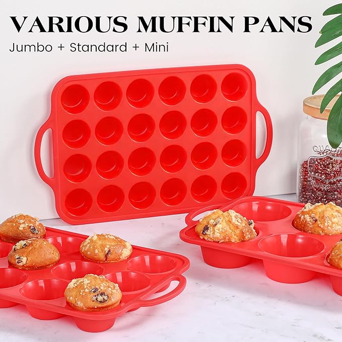 1 Pc Jumbo Muffin Pan with Metal Frame, Nonstick 6 Cup Extra Large Cupcake Pan for Baking, Silicone Deep Muffin Tray for Egg Bites (Red)