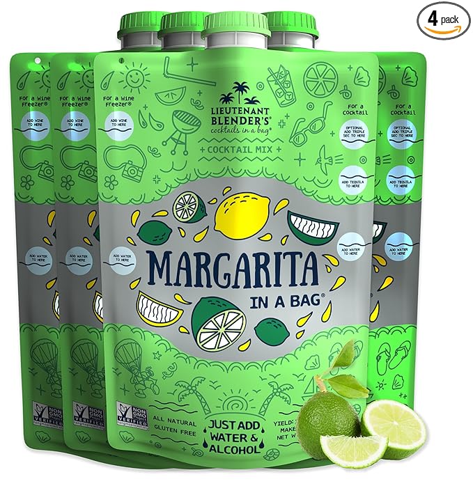 Lt. Blender's Margarita in a Bag - Margarita Mix - Each Bag Makes 1/2 Gallon of Frozen Margaritas – Non-GMO Cocktail Mix - No Blender Needed – Add Liquor, Wine or as a Mocktail (Pack of 4)