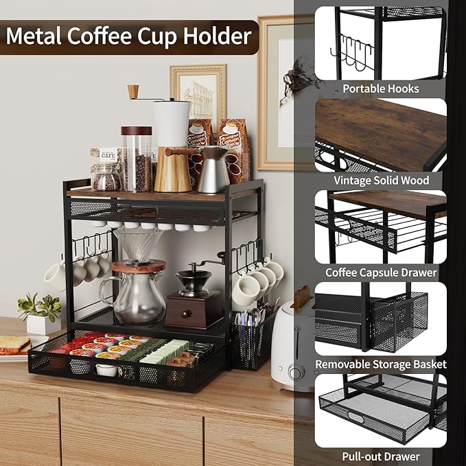 Coffee Bar Organizer Station with CoffeePod Drawer Mug Cup Holder and Tea Condiment Storage Kitchen Countertop Organizer CoffeeBar Accessories for Kitchen,Home,Office