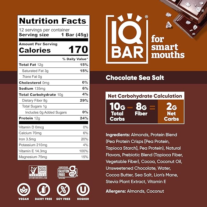IQBAR Brain and Body Plant Protein Bars - Chocolate Sea Salt - 24-Count - Keto, Vegan, Low Carb, High Fiber, Gluten Free, Dairy Free, Low Sugar Snack with Nutrients for Focus, Energy, Meal Replacement