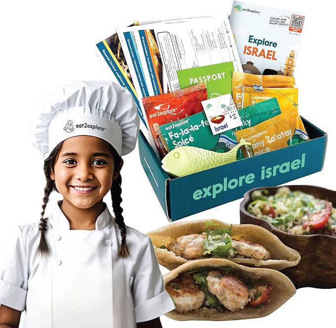 eat2explore Cooking Kits for Kids – Interactive & Educational Kids Cooking Sets Real for Ages 5 and Up,3 Recipe Cards & Global Ingredients – Fun Gift for Young Chefs | Explore Israel