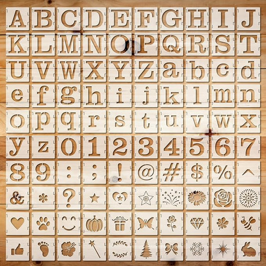 100 Pcs Stencils for Painting on Wood Reusable Stencil Crafts Drawing Templates Holiday Wall Paper for DIY Scrapbook Home 2 x 2 Inch(Alphabet Style)