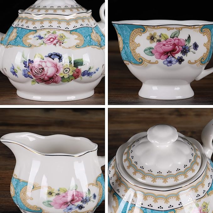 fanquare 15 Pieces European Retro Rose Tea Set,English Flora Tea Set for Adults,Porcelain Coffee Set