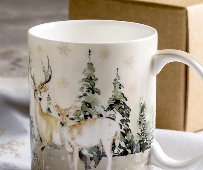 Maison d' Hermine Coffee Mug with Handles Fine Bone China Mugs Pack of One Tea Cups for Hot Beverages Cappuccino Latte Home Office Perfect for Gift (Deer In The Woods - Forest Deer, 12 Ounce)
