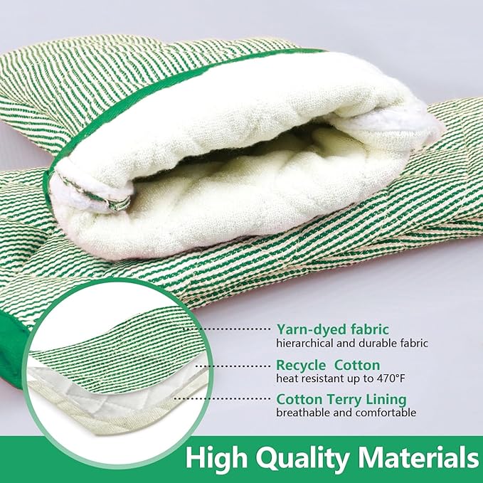 1 Pair Yarn Dyed Oven Mitts 100% Cotton Heat Resistant 470 Degree Gloves Men Women Cooking Baking Barbecue BBQ Microwave Crafting Machine Washable Pot Holders Mittens (Green)