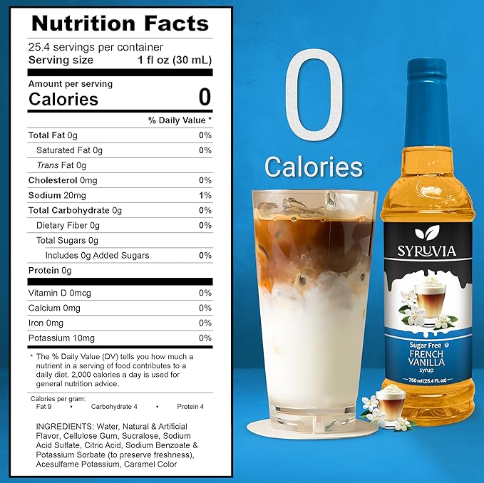 Syruvia Sugar Free Coffee Syrup, French Vanilla Flavored Syrup for Drinks, Lattes, and Desserts – 25.4 fl oz, With Pump