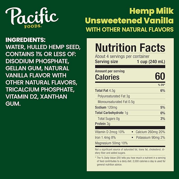Pacific Foods All Natural 32Oz Boxes Keto Friendly, Unsweetened Hemp - Vanilla, 384 Fl Oz, Pack of 12