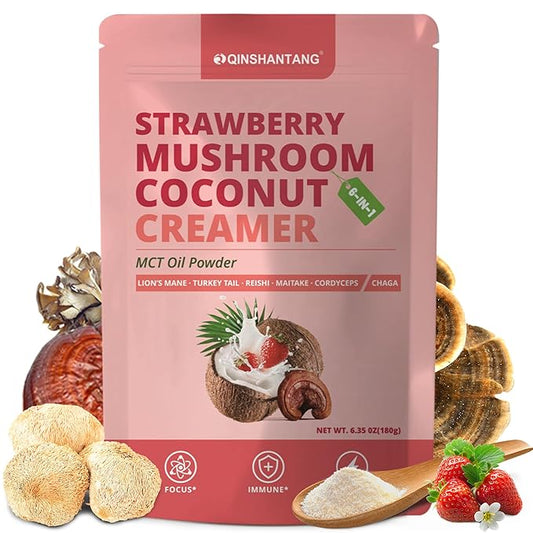 Mushroom Coffee Creamer, Strawberry Flavored Coconut Creamer, Probiotics, MCT Powder, 6 Mushrooms | Lion's Mane, Turkey Tail, Reishi, Maitake | Boosts Focus, Immunity and Energy | 30 Servings