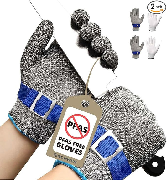 Schwer SlicePro ANSI A9 Cut Resistant Glove PR1707, Food Grade Stainless Steel Wire Metal Gloves, Cutting Gloves for Kitchen, Meat Cutting, Oyster Shucking, Fish Fillet, Non-PFAS（L, 2 PCS）