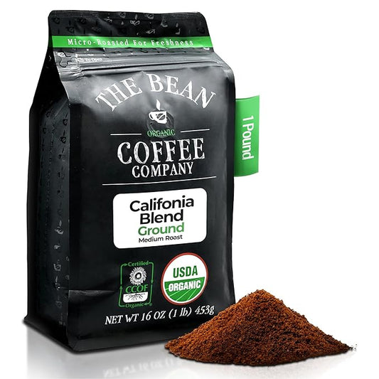 The Bean Organic Coffee Company California Blend, Medium Roast, Ground Coffee, 16-Ounce Bag,Café molido tostado organico