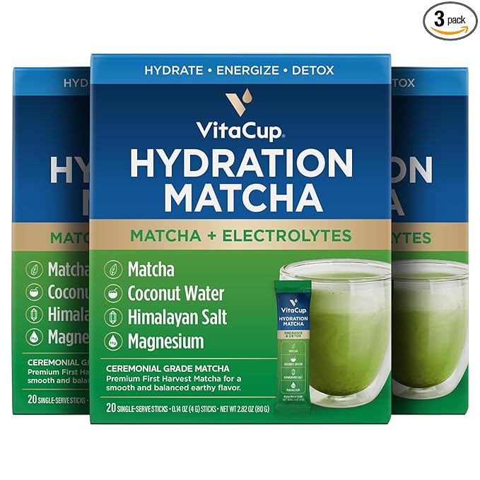 VitaCup Hydration Matcha Instant Packets, for Natural Energy and Detox, w/Electrolytes, Ceremonial Grade Organic Matcha, Coconut Water, Pink Himalayan Salt, Magnesium, in Single Serve Sticks, 60 Ct
